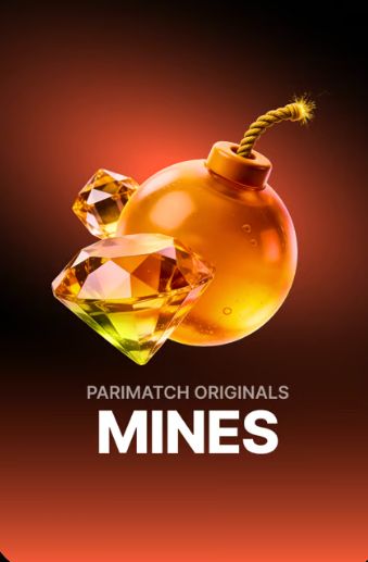 Mines из линейки Parimatch Originals — бомба и золотые кристаллы на оранжевом фоне