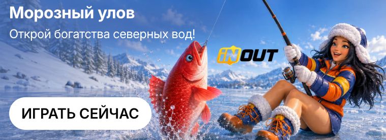 Морозный улов от InOut в Parimatch — девушка на зимней рыбалке вытаскивает красную рыбу из проруби